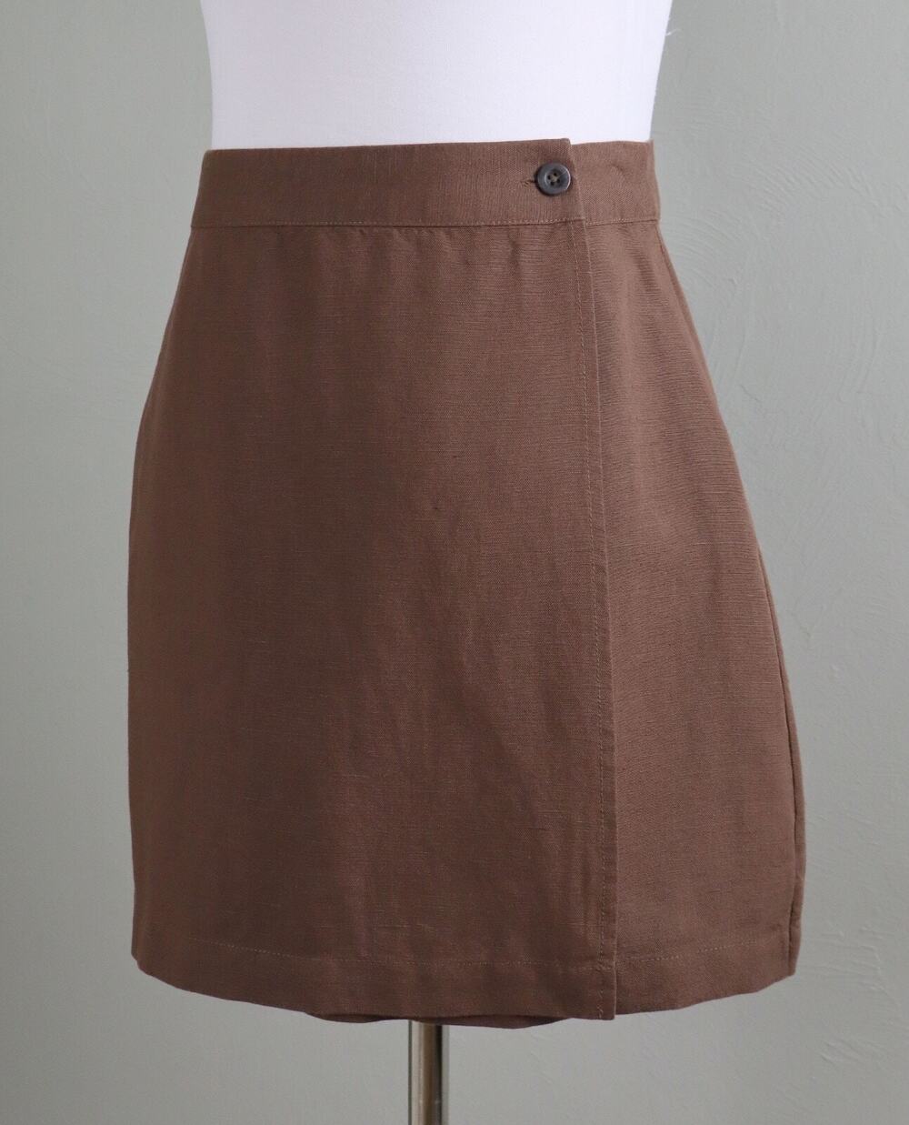 ONIA NWT Solid Brown Linen Blend True Wrap Mini Skirt Size Medium